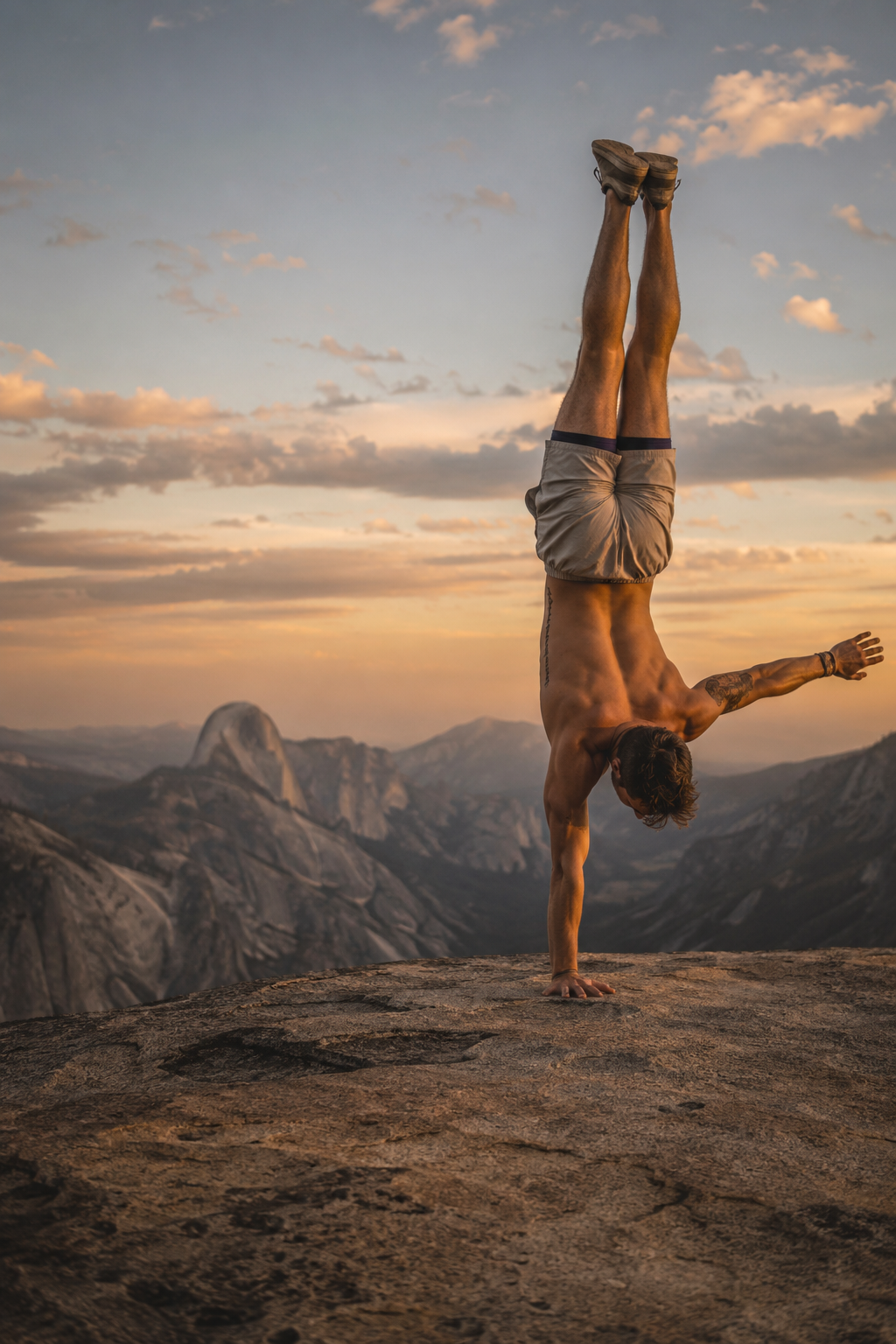 Shirtless athlete performing a one-arm handstand on a rock ledge overlooking Half Dome and the Yosemite mountain range at golden hour